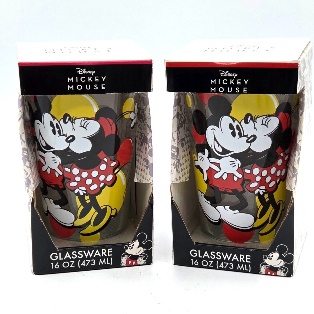 Pair of Mickey‎ And Minnie Mouse Disney  Glassware 16 oz Drinking Glasses NIB